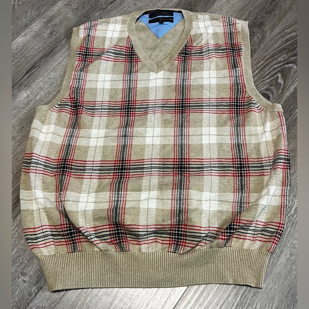 Vintage Tommy Hilfiger Golf Beige and Red Plaid V-Neck Sweater Vest. Size XL.